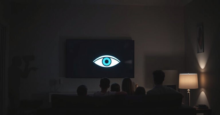 A dimly lit living room with a sleek, modern smart TV displaying an ominous eye symbol. Shadows dance on the walls, hinting at hidden cameras. A family sits on the couch, oblivious, with a mix of curiosity and unease. The atmosphere is tense, blending technology and privacy concerns in a visually striking scene.