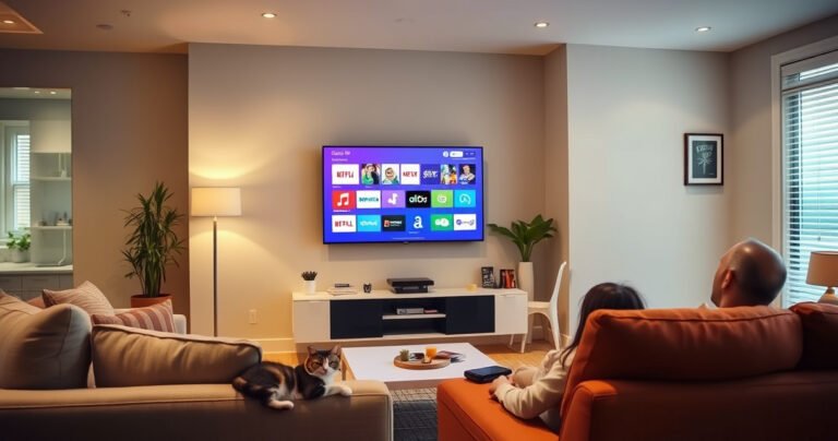 A sleek living room featuring a vibrant Google TV mounted on a wall, surrounded by cozy furniture, warm lighting, and modern decor. On the screen, a colorful interface displays streaming apps and digital content. A curious cat lounges nearby, while a family enjoys the entertainment, showcasing the blend of technology and comfort in daily life.