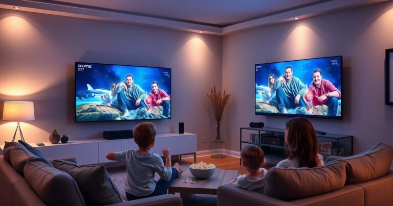 An elegant living room featuring a sleek Sceptre TV mounted on the wall, displaying vibrant, high-definition graphics. Soft, ambient lighting highlights modern furniture, while a family enjoys a movie night, popcorn in hand. In the background, gadgets and smart home devices subtly emphasize the TV's smart capabilities, creating a cozy yet tech-savvy atmosphere.