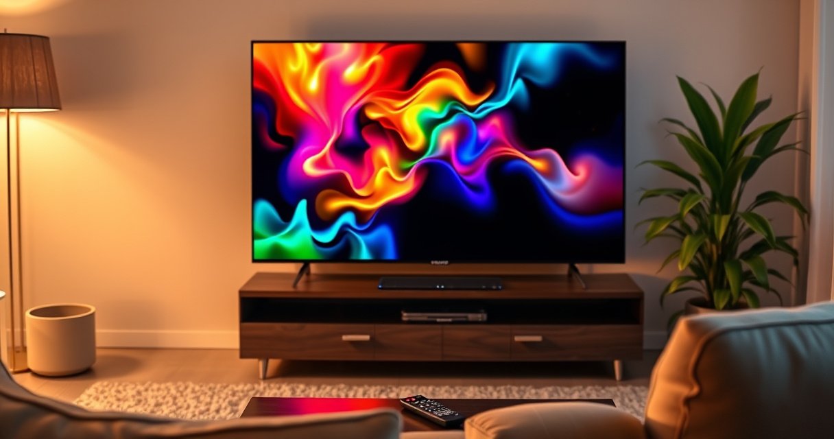 A sleek Sharp Aquos Smart TV glowing in a modern living room, vibrant colors illuminating the screen with dynamic content, soft ambient lighting enhancing the cozy atmosphere, lush green plants in the background, a comfortable sofa inviting viewers to experience a cinematic adventure, and a remote control casually resting on the coffee table.
