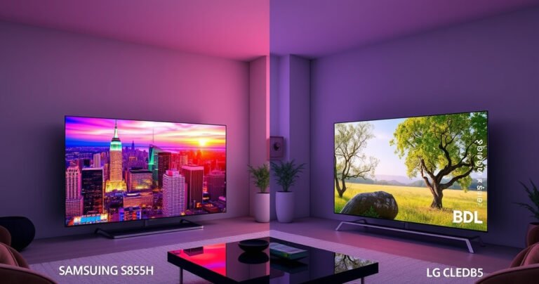 A split-screen comparison of the Samsung S85H and LG B5 OLED TVs, showcasing vibrant colors and sharp contrasts. The Samsung displays a vivid, bustling cityscape, while the LG features a serene nature scene. Each TV is elegantly positioned in a modern living room setting, emphasizing sleek design and immersive viewing experiences, with glowing screens captivating the viewer’s attention.