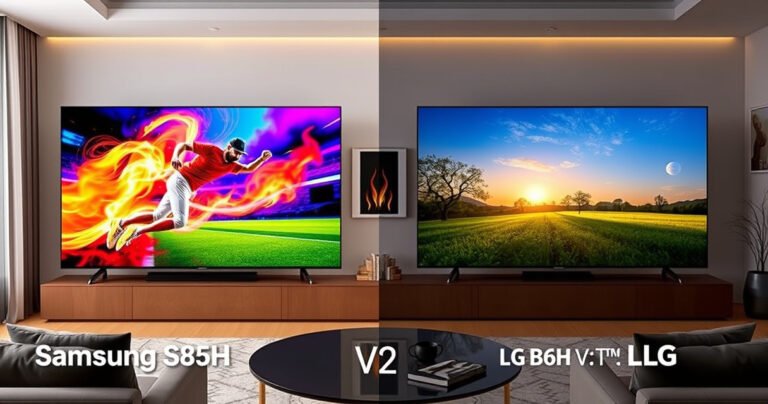 A split-screen comparison of the Samsung S85H and LG B6 OLED TVs, showcasing vibrant, contrasting images: the Samsung displaying a dynamic sports scene with vivid colors and the LG showcasing a serene nature landscape. The background features a cozy living room setup, with modern decor and soft lighting, emphasizing the allure of high-definition viewing experiences.