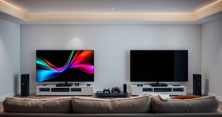 A sleek living room with two stunning OLED TVs side by side, one displaying vibrant colors and the other showcasing deep blacks. The ambiance is modern and minimalist, with soft lighting illuminating the space. A comfortable couch faces the screens, surrounded by tech gadgets, creating an atmosphere of high-end entertainment and cutting-edge technology.