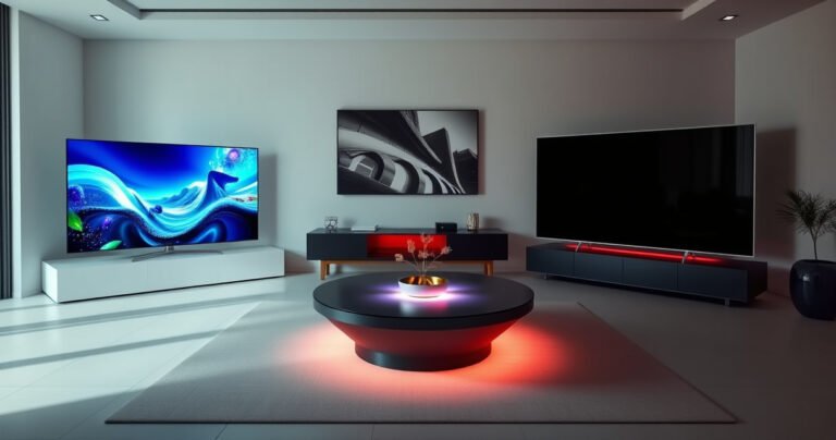 A sleek, modern living room showcasing two high-tech televisions: the Samsung S85H on the left with vibrant colors and sharp details, and the LG C5 OLED on the right glowing with deep blacks and rich contrasts. A stylish coffee table in the center, illuminated by soft ambient lighting, highlighting the contrast in design and display quality.