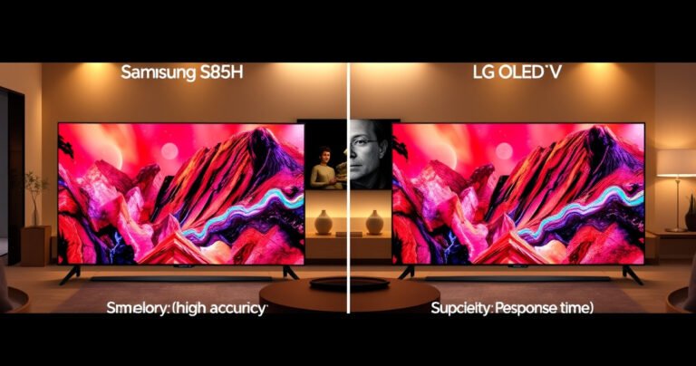 A sleek side-by-side comparison of the Samsung S85H and LG C6 OLED TVs, showcasing vibrant, high-contrast images on their screens. The background features a modern living room with warm lighting, emphasizing the elegant designs of both TVs. Include subtle annotations highlighting key features, like color accuracy and response time, in a visually appealing layout.