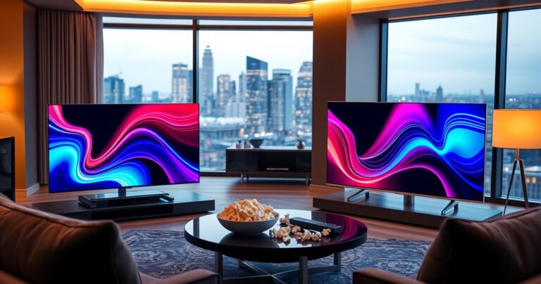 A sleek, modern living room showcasing the Samsung S85H and LG G4 OLED side by side, each screen displaying vibrant, colorful visuals. Warm ambient lighting highlights their sleek designs, while a stylish coffee table holds a remote and popcorn, inviting viewers into a cinematic experience. A subtle blur of a city skyline can be seen through large windows.