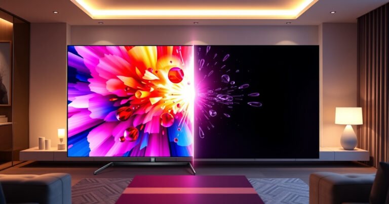A dynamic split-screen showcasing the Samsung S85H on the left, radiating vivid colors and sharp details, contrasted with the LG G5 OLED on the right, displaying deep blacks and stunning contrast. The background features a modern living room setting with ambient lighting, emphasizing the sleek designs of both TVs and the immersive viewing experience they offer.