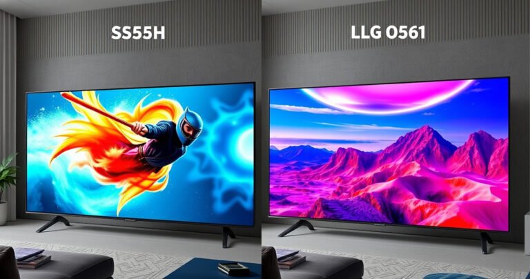 A split-screen comparison of the Samsung S85H and LG G6 OLED televisions, showcasing vibrant colors and sharp contrasts. One side features the sleek, modern design of the Samsung with a dynamic movie scene, while the other highlights the LG’s stunning visual clarity with vivid landscapes, both surrounded by a stylish living room setting.