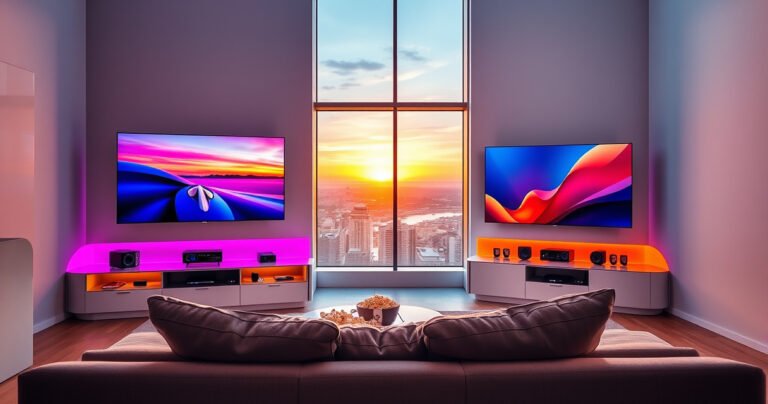 A sleek, modern living room showcasing both the Samsung S85H and LG QNED90T TVs on a stylish wall unit, vibrant colors illuminating the space. A cozy sofa faces the screens, surrounded by tech gadgets and popcorn, while a large window reveals a sunset outside, enhancing the cinematic atmosphere of the scene.