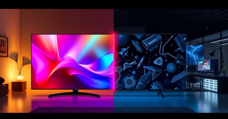 A dynamic split-screen showcasing the sleek Samsung S85H on one side, vibrant colors illuminating its display, while the Samsung QN90D on the other side radiates deep blacks and stunning clarity. Include contrasting environments: a cozy living room bathed in warm light for the S85H and a modern, tech-filled space with cool tones for the QN90D.