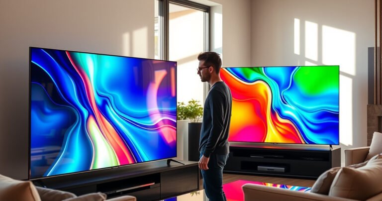 A sleek living room showcases the Samsung S85H and QN90F side by side, glowing screens displaying vibrant colors and sharp contrasts. Sunlight filters through the window, casting reflections on the glossy surfaces. A tech-savvy individual examines the screens with curiosity, surrounded by modern decor, highlighting the essence of cutting-edge television technology and digital entertainment.