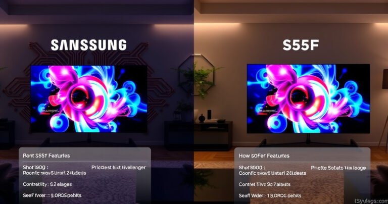 A sleek side-by-side comparison of two Samsung televisions, the S85H and S85F, showcasing their vibrant screens lit up with dynamic visuals. The background features a tech-inspired design with circuit patterns, while labels highlight key differences in features and specifications, all set in a modern living room aesthetic with ambient lighting.
