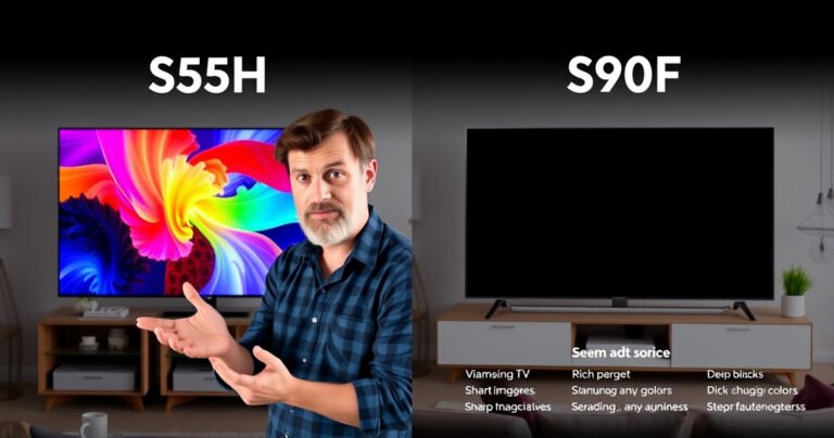 A split-screen comparison of two sleek Samsung TVs, the S85H on the left showcasing vibrant colors and sharp images, while the S90F on the right displays deep blacks and rich contrast. A tech-savvy individual examines both models, with glowing specs and features highlighted in a modern, stylish living room setting.