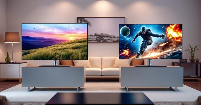 A sleek, modern living room showcasing the Samsung S85H and S95F side by side on elegant stands. The S85H displays vibrant colors from a nature scene, while the S95F shows a thrilling action movie. Soft ambient lighting highlights their design, with a stylish couch and tasteful decor in the background, inviting viewers into the tech debate.