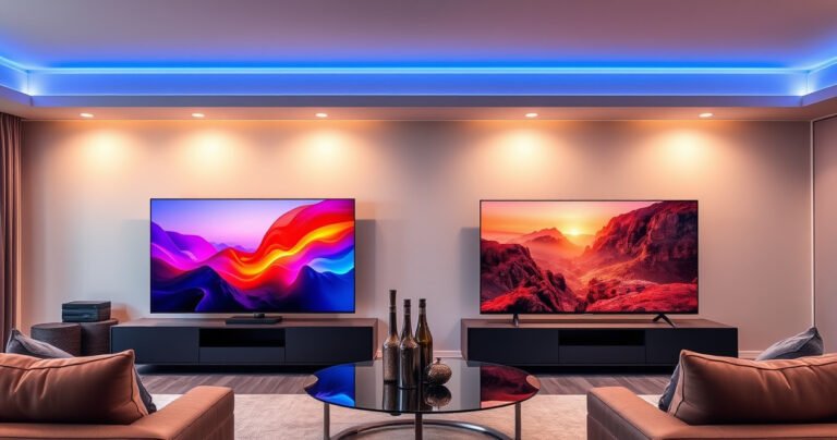 A sleek living room showcasing two stunning televisions side by side, the Samsung S85H exuding modern elegance with its vibrant colors, while the Sony BRAVIA 8 II stands out with its immersive display. Soft ambient lighting highlights the rich textures of the furniture, creating a cozy atmosphere perfect for movie nights.