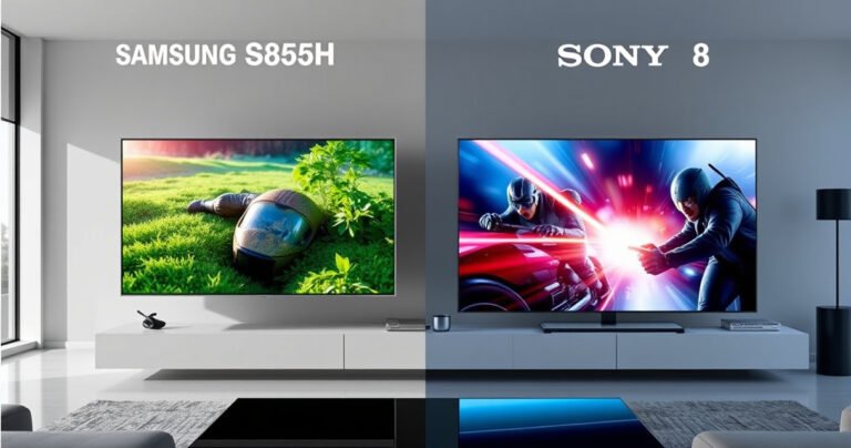 A split-screen comparison of the Samsung S85H and Sony BRAVIA 8, showcasing vibrant colors and sharp details of each screen. The Samsung displays a vivid nature scene with rich greens and blues, while the Sony features an action-packed movie scene with dynamic lighting and deep shadows. A sleek modern living room setting enhances the tech aesthetic.