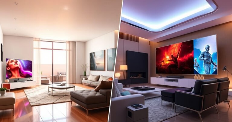 A split-screen image showing two high-tech living rooms, one featuring the sleek, modern design of the Samsung S85H with vibrant colors illuminating the space, and the other showcasing the elegant Sony BRAVIA 9 II displaying stunning visuals, both surrounded by stylish decor, emphasizing their unique features and the excitement of a cinematic experience.
