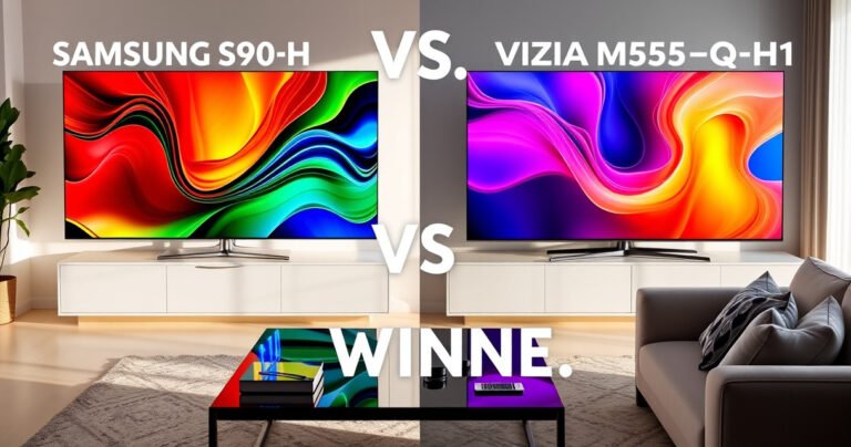 A dramatic split-screen comparison of the Samsung S90H and Vizio M55Q7-H1 televisions, showcasing vibrant colors and sharp details on each screen. Surrounding them, a sleek modern living room with soft lighting, a stylish coffee table with tech gadgets, and a cozy couch, inviting viewers to explore their features and decide the ultimate winner.