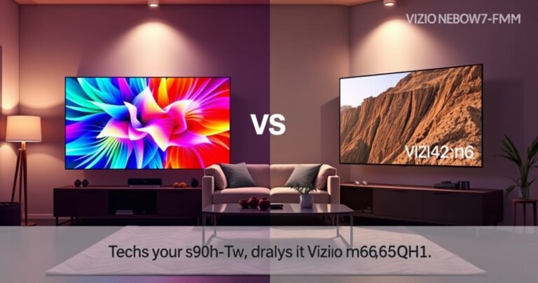 A sleek living room showcasing two stunning TVs side by side: the Samsung S90H radiating vibrant colors on the left, while the Vizio M65Q7-H1 displays a sharp, detailed image on the right. Soft ambient lighting highlights a cozy sofa and modern decor, inviting viewers to ponder which TV reigns supreme in this tech showdown.