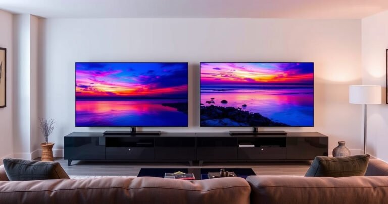 A sleek living room showcasing two stunning OLED TVs side by side, the Samsung S90H and Vizio OLED55-H1, both displaying vibrant, high-contrast images of a colorful sunset. Soft ambient lighting casts reflections on the polished surfaces, while a cozy couch and stylish decor create an inviting atmosphere, highlighting the ultimate viewing experience.