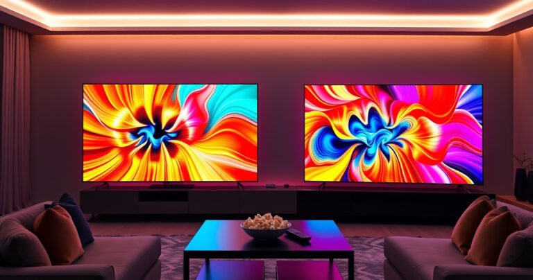 A sleek living room showcasing a vibrant OLED TV, split-screen view displaying the Samsung S90H on one side and the Vizio OLED65-H1 on the other, both radiating vivid colors. Soft ambient lighting highlights modern furniture, while a cozy atmosphere invites viewers to compare the stunning visuals and technology, surrounded by small details like popcorn and a remote.
