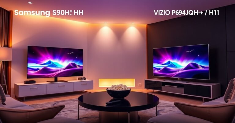 A sleek, modern living room showcasing the Samsung S90H and Vizio P65Q9-H1 in a side-by-side comparison, each displaying vibrant, high-definition visuals. Warm ambient lighting enhances the elegant design, while a stylish coffee table holds a remote and popcorn bowl, inviting viewers to experience the ultimate home theater showdown.