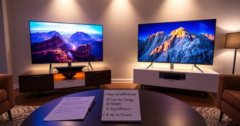 A sleek modern living room showcasing both the Samsung S90H and Vizio P75Q9-H1 TVs prominently on stylish stands, with vibrant, detailed images displayed on each screen. The room is illuminated by soft ambient lighting, revealing contrasting colors and technology aesthetics. On a coffee table, a notepad with bullet points highlights key differences, inviting viewers to explore further.