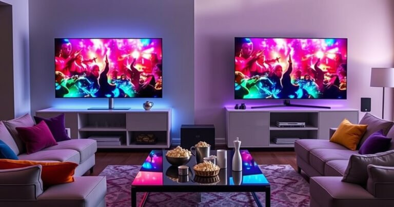 A sleek, modern living room showcasing the Samsung S90H and Vizio V505-H9 TVs side by side, vibrant colors illuminating the screens with a dynamic movie scene, plush couches adorned with colorful throw pillows, a stylish coffee table with popcorn and drinks, soft ambient lighting creating a cozy atmosphere, highlighting the contrast in design and display quality.