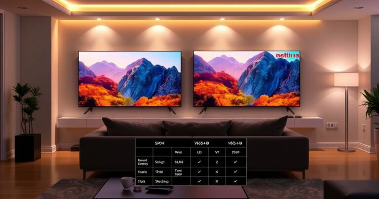 A sleek living room showcasing the Samsung S90H and Vizio V655-H9 side by side, vibrant colors illuminating the screens displaying a stunning nature scene. Soft ambient lighting enhances the modern decor, while a cozy couch invites viewers to experience the ultimate cinematic atmosphere. A subtle comparison chart hovers in the foreground, highlighting key features.