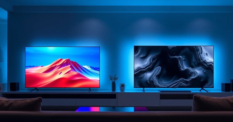 A sleek living room setting with two high-end televisions displayed side by side: the Samsung S90H showcasing vibrant colors and crisp details on one screen, while the Vizio VQP65C-1 features stunning contrast and depth on the other. Soft ambient lighting highlights the modern decor, creating an inviting atmosphere for tech enthusiasts.