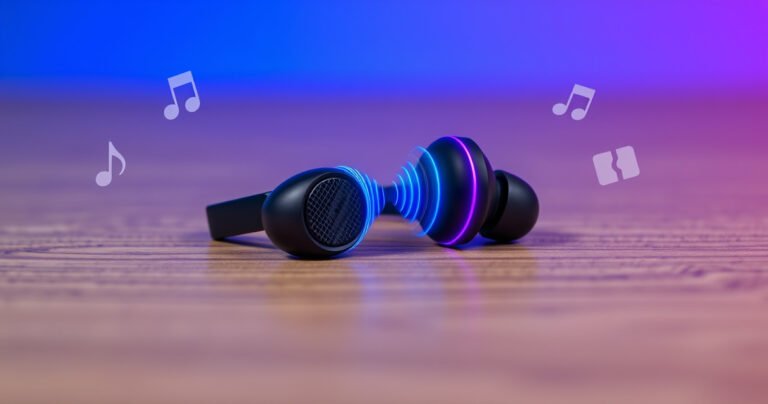 A close-up view of sleek, modern earbuds resting on a wooden surface, with vibrant sound waves visually emanating from them. The background features a soft gradient of blue and purple, hinting at technology, while subtle icons of music notes and sound settings float around, emphasizing their key features and connectivity.