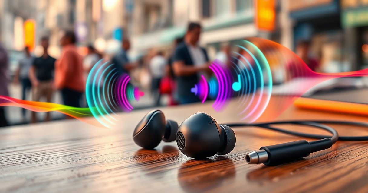 A close-up of sleek, modern earbuds resting on a wooden desk, surrounded by vibrant sound waves illustrated in colorful swirls. In the background, a blurred scene of a bustling city, with people enjoying music and podcasts, showcasing the versatility and benefits of earbuds in daily life. Bright, engaging colors to attract attention.