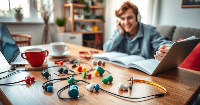 A cozy home setting featuring an array of colorful, stylish earphones on a wooden table, surrounded by coffee cups and a laptop. Natural sunlight streams through a nearby window, illuminating the earphones' sleek designs. A person happily testing the sound quality, immersed in music, with notes and an open notebook beside them.