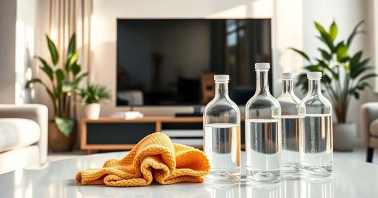 A sparkling clean living room featuring a large flat-screen TV reflecting sunlight, surrounded by natural plants. On a stylish coffee table, a variety of safe cleaning supplies: a microfiber cloth, vinegar, and distilled water in elegant glass bottles. Soft, warm lighting enhances the modern decor, creating a fresh and inviting atmosphere.