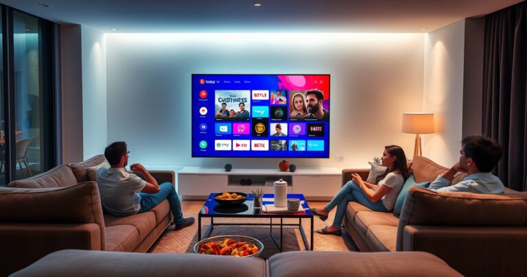 A sleek, modern living room featuring a large smart TV displaying a vibrant user interface, with colorful app icons. Surrounding the TV are plush sofas, a coffee table with snacks, and soft ambient lighting. In the background, a family enjoys streaming a movie together, showcasing connectivity and entertainment technology in a cozy, inviting atmosphere.