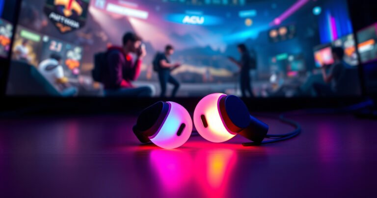 A sleek gaming setup featuring a pair of high-tech earbuds glowing softly, surrounded by vibrant RGB lights. The background showcases a digital landscape of intense gaming action, with a competitive esports environment. Acu's avatar is subtly integrated, emphasizing the connection between music and gaming. The atmosphere is energetic, inviting tech enthusiasts and gamers alike.