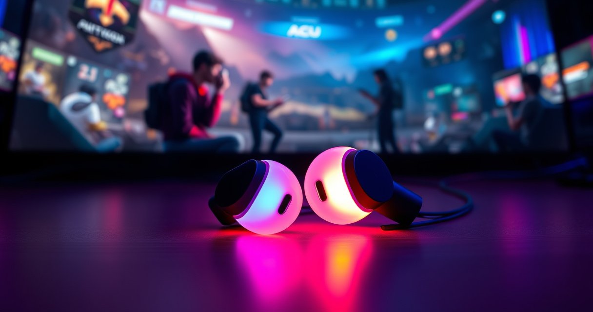 A sleek gaming setup featuring a pair of high-tech earbuds glowing softly, surrounded by vibrant RGB lights. The background showcases a digital landscape of intense gaming action, with a competitive esports environment. Acu's avatar is subtly integrated, emphasizing the connection between music and gaming. The atmosphere is energetic, inviting tech enthusiasts and gamers alike.
