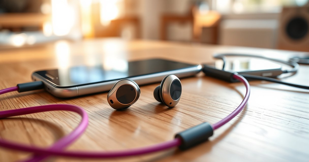 A close-up of sleek, modern wireless earbuds resting on a wooden desk, surrounded by vibrant charging cables and a glowing smartphone, with a cozy, sunlit room in the background, showcasing a sense of technology and leisure, highlighting the freedom of long-lasting audio enjoyment.
