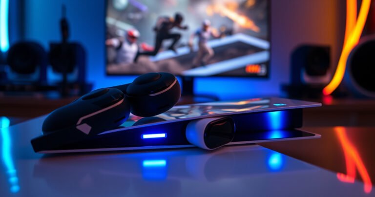 A sleek pair of modern, wireless earbuds rests on a glossy PS5 console, illuminated by soft blue LED lights. In the background, a stylish gaming setup features a vibrant gaming monitor displaying dynamic action, surrounded by colorful LED strips. The scene captures a fusion of technology and gaming culture, inviting readers to explore compatibility options.