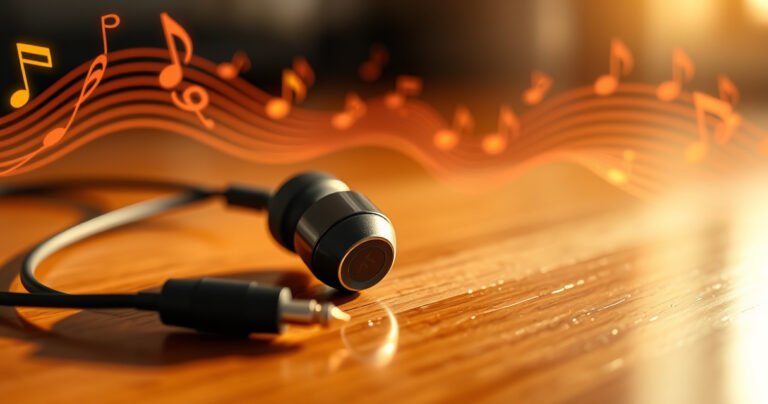 A close-up of sleek, high-end earphones resting on a polished wooden surface, surrounded by vibrant sound wave graphics swirling in the air, with soft golden light illuminating the intricate details of the earphones while a subtle background of music notes hints at the rich audio experience they provide.