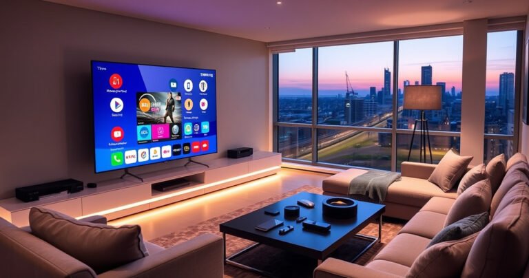 A sleek, modern living room featuring a large Samsung TV displaying the Smart Hub interface, vibrant app icons glowing. Cozy furniture surrounds a stylish coffee table with tech gadgets, soft ambient lighting casts a warm glow, and a large window reveals a city skyline at dusk, blending technology and comfort in a contemporary setting.
