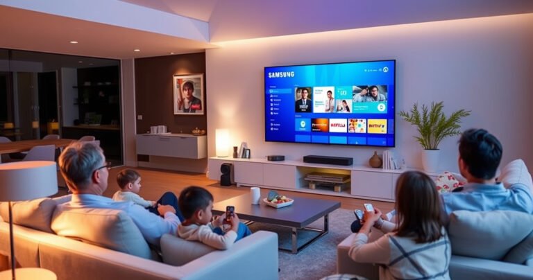 A sleek, modern living room featuring a Samsung TV displaying a vibrant Smart Hub interface, surrounded by cozy furniture, ambient lighting, and smart devices. Show a family enjoying interactive apps, streaming content, and voice control features, highlighting a seamless blend of technology and comfort in a stylish home environment.