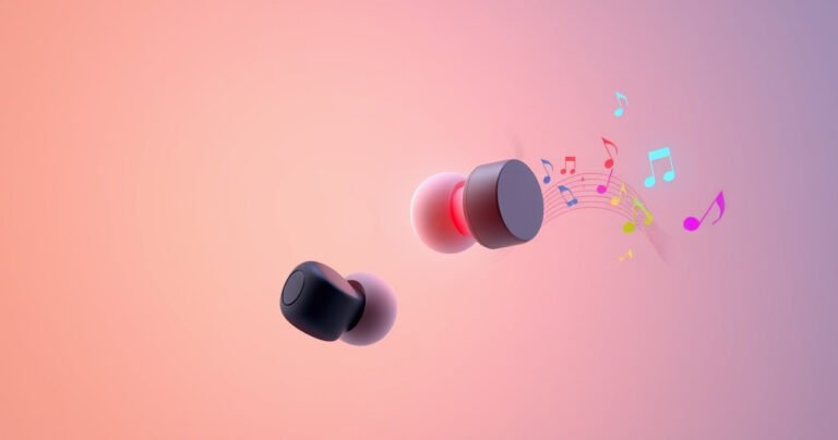 A sleek pair of modern earbuds floating against a soft gradient background, one earbud glowing softly to symbolize transparency while sound waves and colorful musical notes weave around it, illustrating the concept of immersive sound blended with ambient awareness, evoking a sense of technology seamlessly integrating with daily life.