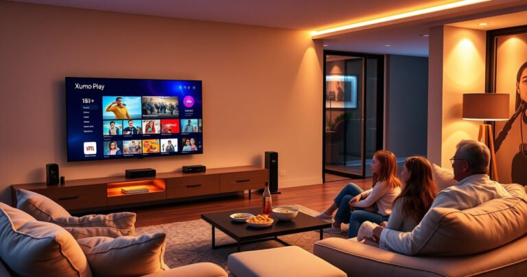 A sleek modern living room featuring a large smart TV displaying the Xumo Play interface, vibrant streaming content, cozy seating with soft cushions, warm ambient lighting, a stylish coffee table with snacks, and a family enjoying a movie night together, evoking a sense of entertainment and tech-savvy comfort.