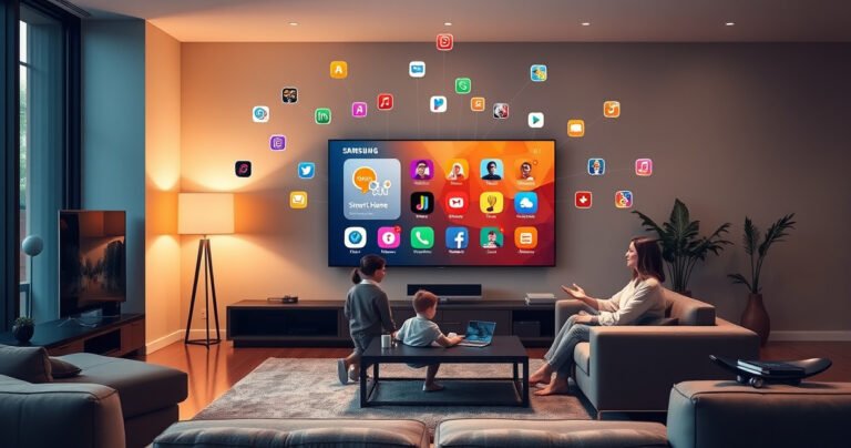 A sleek modern living room featuring a large Samsung TV displaying a glowing smart hub interface, surrounded by stylish furniture and warm ambient lighting. A family gathers on a cozy sofa, engaged in conversation, while colorful app icons float around the TV screen, illustrating smart home connectivity and entertainment options.