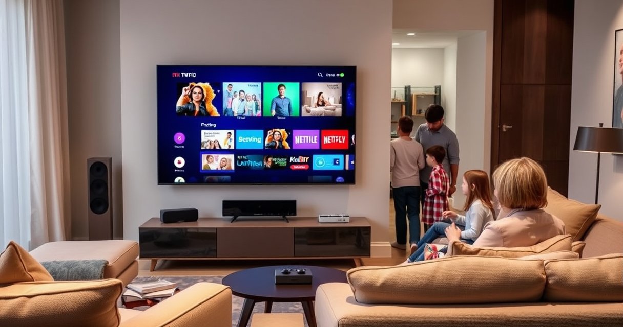 A sleek, modern living room featuring a large smart TV displaying colorful streaming content. Surrounding the TV are cozy furnishings, soft lighting, and tech gadgets like a remote control and smart speakers. In the background, a family interacts with the digital interface, showcasing a blend of technology and everyday life.