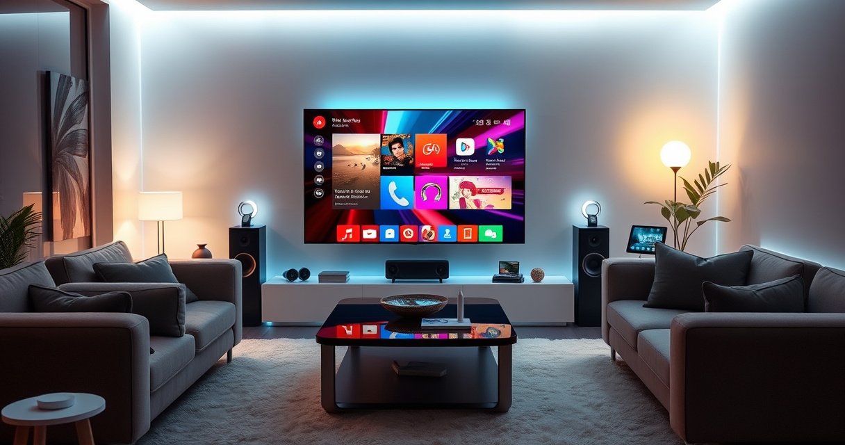 A futuristic living room featuring a sleek smart TV displaying a vibrant interface, surrounded by cozy furniture. Soft ambient lighting enhances the modern decor, while various smart devices like speakers, lights, and a tablet seamlessly connect. An inviting atmosphere invites viewers to explore the technology that transforms entertainment and convenience in daily life.