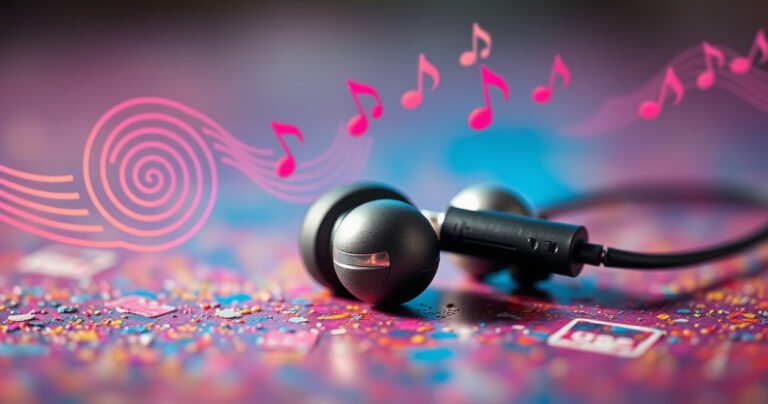 A close-up of sleek, modern earphones resting on a vibrant, textured surface, surrounded by sound waves illustrated in colorful spirals. Soft, ambient lighting reflects off the earphones’ metallic accents, while tiny musical notes float around them, creating a dynamic sense of rhythm and connection to music. The background is subtly blurred to emphasize the earphones.