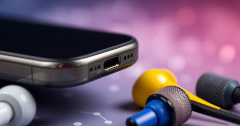 A close-up view of a shiny, black earphone jack plugged into a sleek smartphone, surrounded by a variety of colorful earphones displaying different designs and textures. The background softly fades into a blurred gradient of tech-inspired patterns, symbolizing audio connectivity and modern technology, accentuating the importance of earphone jacks in daily life.