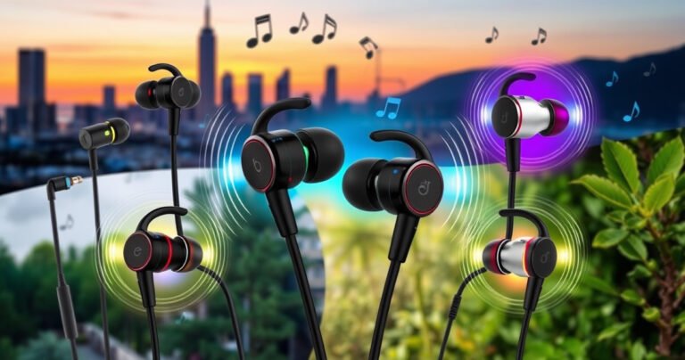 A vibrant collage of various earphones showcasing sleek designs, colors, and styles, surrounded by sound waves emanating from music notes. Incorporate elements representing different uses: gym, travel, and casual listening. Include a background of a cityscape and nature, symbolizing versatility, with each earphone emanating a unique glow reflecting its special feature.